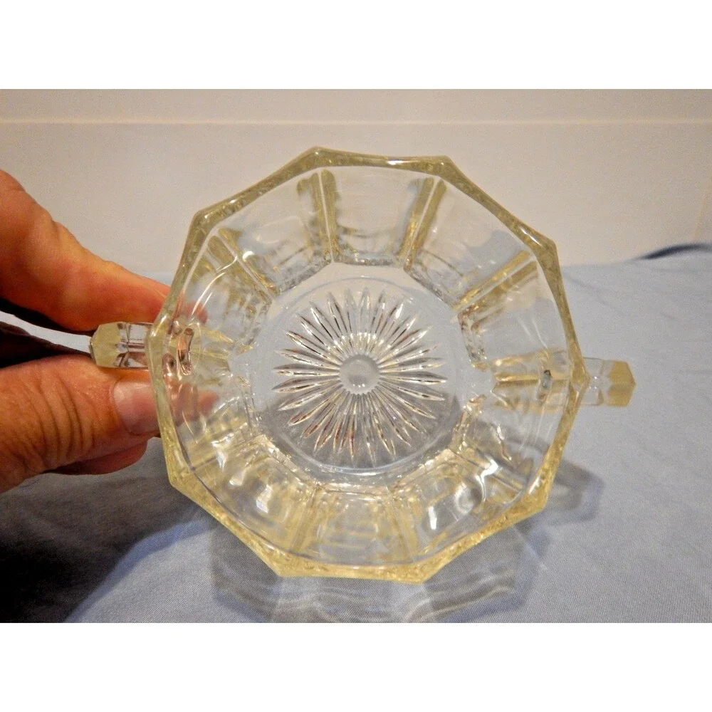 Vintage Pressed Glass Sugar Bowl Twin Handle Paneled Sunburst Starburst Base